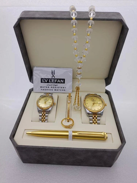Elegant Couple's Stainless Steel Gift Set – Watch, Rosary, Pen & Cufflinks