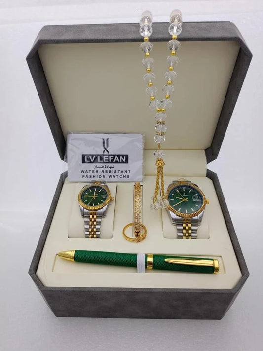 Elegant Couple's Stainless Steel Gift Set – Watch, Rosary, Pen & Cufflinks